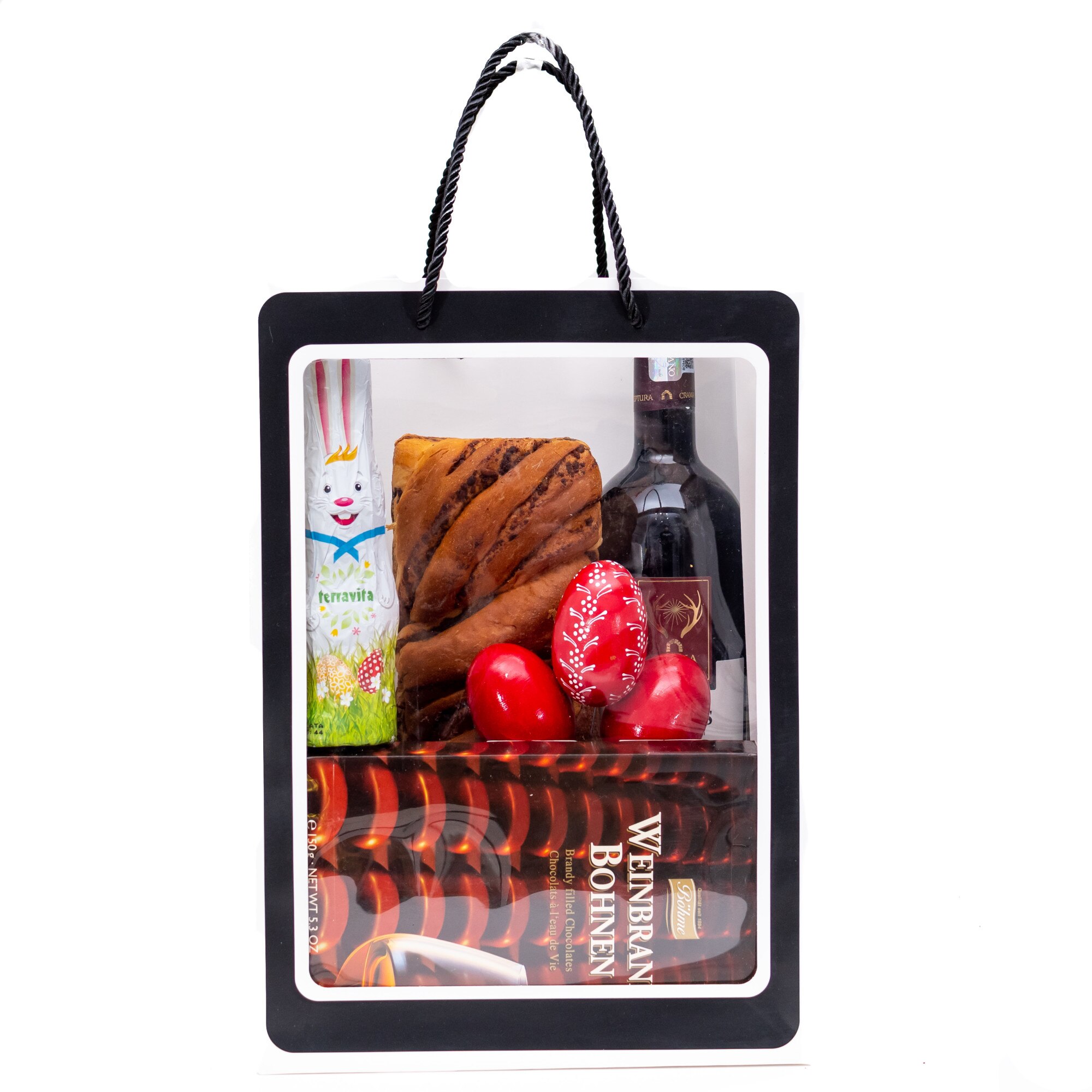 Set Cos Cadou de Paste cu Cozonac, Vin si Bomboane, Colorissima